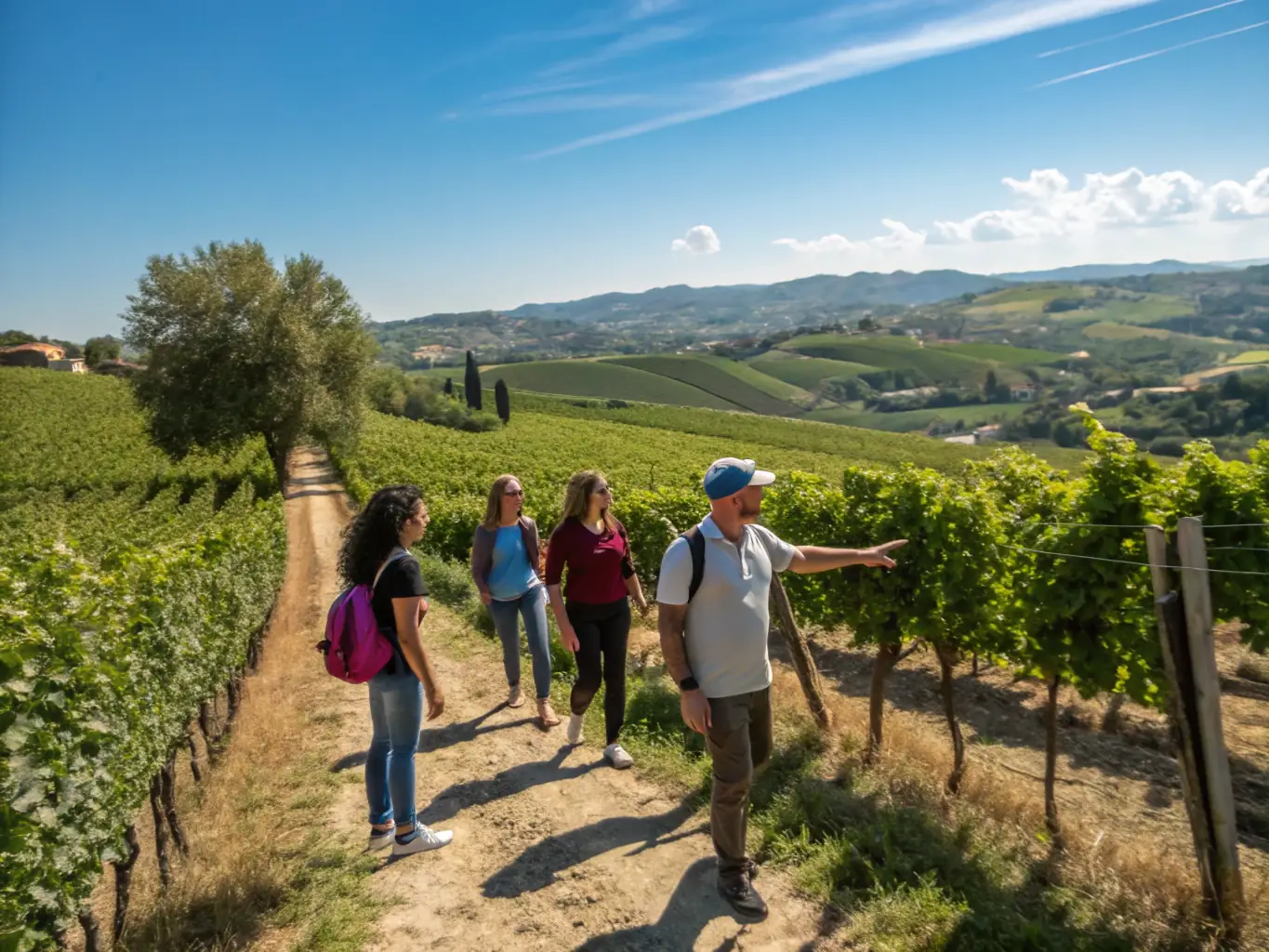 A group of tourists enjoying a guided tour at a scenic vineyard with wine barrels and lush grapevines in the background.