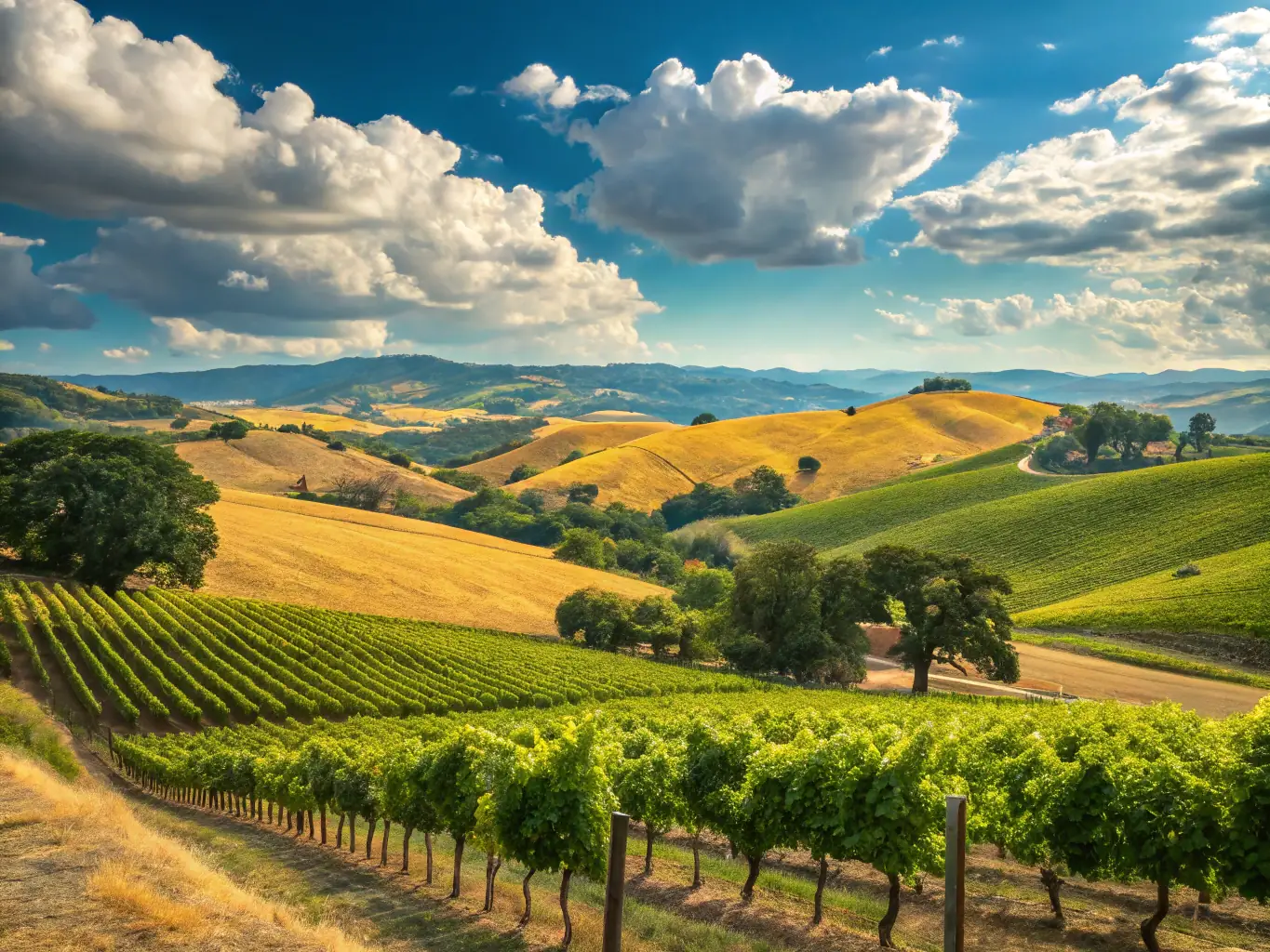 A scenic view of a vineyard at sunset in Walla Walla, with the sun casting a golden glow over the grapevines and surrounding hills.