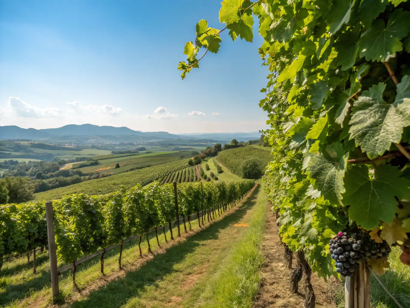 A picturesque vineyard in Walla Walla, Washington, showcasing rows of grapevines with the winery building in the background, under a clear blue sky.