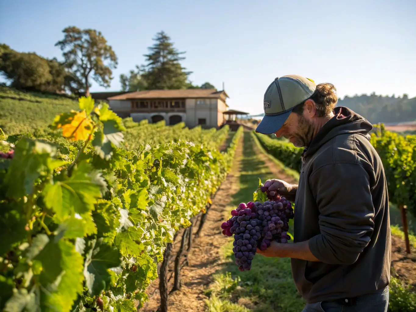 A scenic view of a Walla Walla vineyard during harvest season, with workers carefully picking grapes and a winery building in the background.