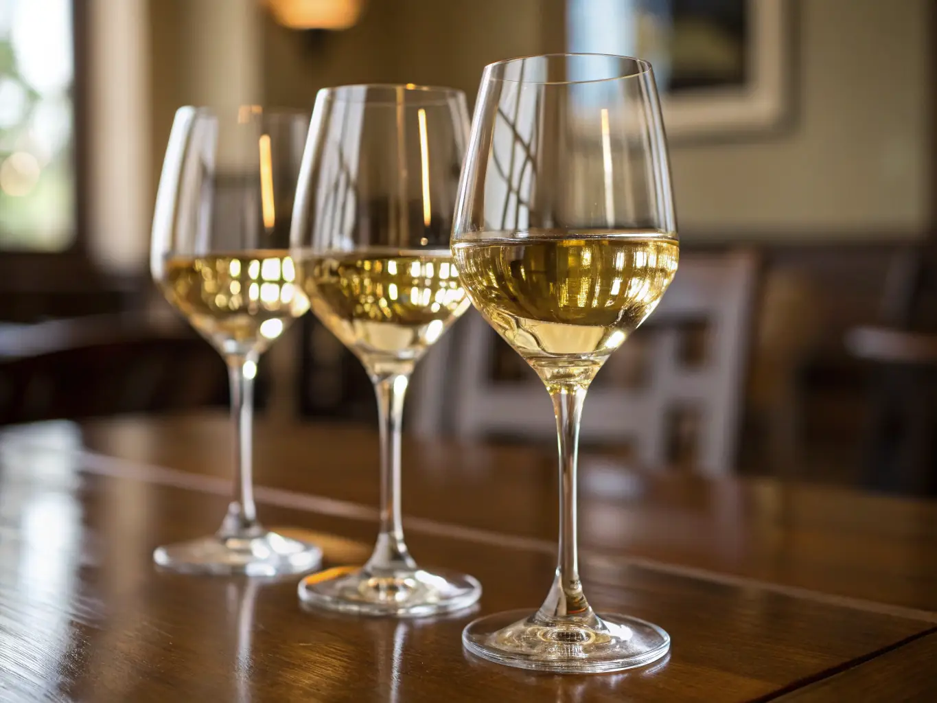 A close-up of wine glasses filled with different wines, with a backdrop of a tasting room and smiling hosts.