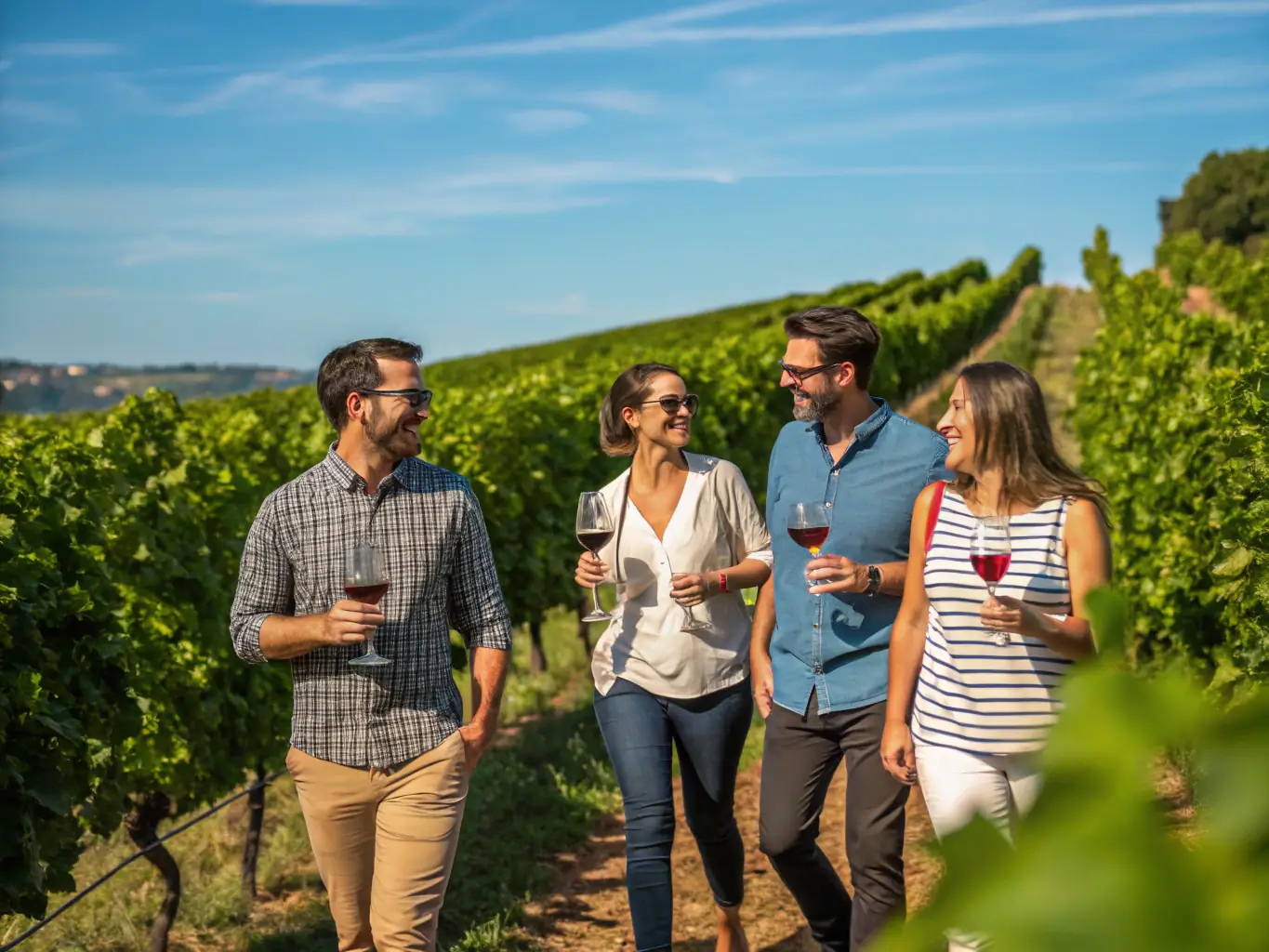 A group of wine enthusiasts laughing and enjoying a guided wine tour through a sunny Walla Walla vineyard, with rolling hills and grapevines in the background.