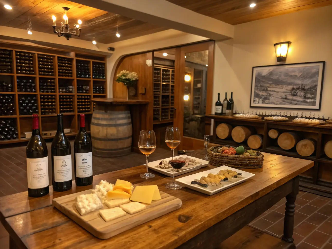 A modern winery tasting room in Walla Walla, with large windows overlooking the vineyards and guests enjoying wine tastings.